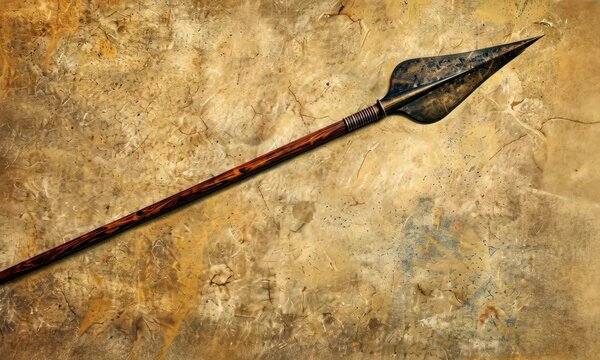 Ancient weapon with broad metal spearhead on wooden handle, displayed rustic surface