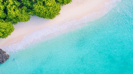 Coastal Serenity: Aerial Beach View - Tranquil beach scene, azure water, white sand, lush greenery, summer vacation. Symbolizing peace, escape, paradise, relaxation, and nature