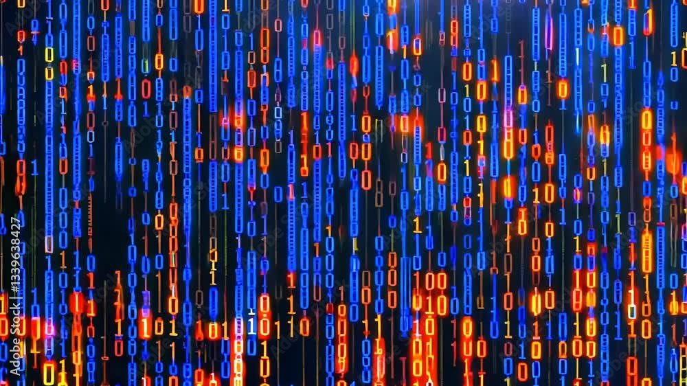 Poster blue background with a row of orange and blue squares. the squares are in a pattern and are all diff