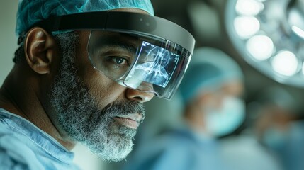 In a high-tech hospital, surgeons utilize augmented reality glasses to perform state-of-the-art surgery, consulting brain scans and the patient's medical history as they operate