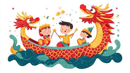 Exciting Dragon Boat Festival Celebration with Kids Waterway Illustration Joyful Playful Spirit