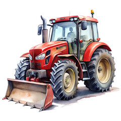 Obraz premium Watercolor Powerful Red Tractor with Bulldozer Blade Agricultural Machinery Farm isolated on transparent background
