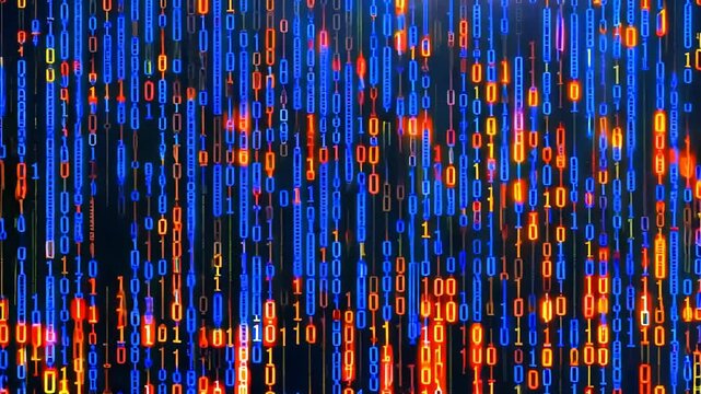 Blue background with a row of orange and blue squares. The squares are in a pattern and are all different sizes