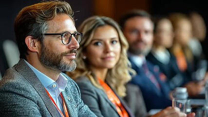 Conference attendees engaged in discussion, showcasing diverse expressions and professional attire