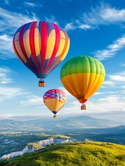 Naklejka premium Colorful Hot Air Balloons Over Rolling Hills - Three vibrant hot air balloons float gracefully over a picturesque landscape of rolling green hills under a bright blue sky