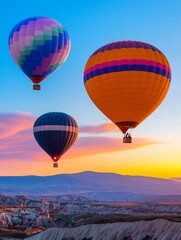 Obraz premium Colorful Hot Air Balloons at Sunrise - Three vibrant hot air balloons soar gracefully above a stunning landscape at sunrise, symbolizing adventure, freedom, exploration, serenity, and aspiration