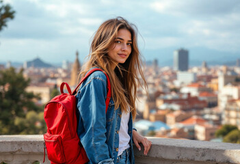 Mulher turista em Barcelona Usando mochila vermelha E jaqueta jeans azul Com a vista para a cidade
