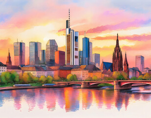 Vibrant Frankfurt City Skyline With Reflection at Sunset on the River - AI generated