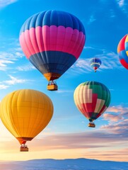 Naklejka premium Colorful Hot Air Balloons Soaring Over Scenic Landscape - Five vibrant hot air balloons drift across a breathtaking landscape at sunrise, symbolizing adventure, freedom, exploration, dreams