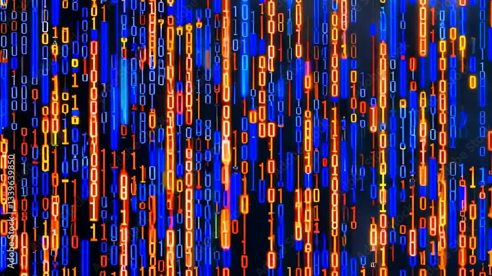 Poster blue background with a series of orange and yellow lines that vary in size and color. the lines are 