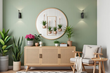 Space in an apartment with a very nice piece of furniture with lots of plants and a round mirror, the wall has green tones