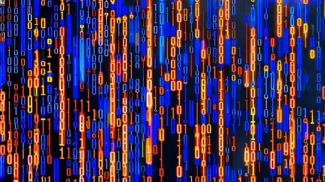 Blue background with a series of orange and yellow lines that vary in size and color. The lines are scattered throughout the background, creating a dynamic and visually interesting composition