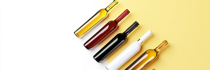 Naklejka premium Colorful Wine Bottles Collection - Five wine bottles in various colors arranged on a split white and yellow background. Perfect for wine tasting, vineyard, or beverage concepts