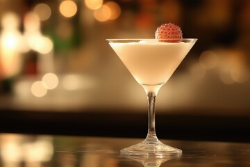 Elegant Lychee Martini with a whole lychee fruit in a refined bar setting