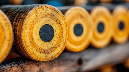 Stacked wood cylinders, yellow and black, outdoor games
