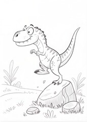 Fototapeta premium Simple Outline T-Rex Dinosaur Jumping Over Rock for Coloring Book 