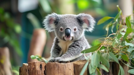 Fototapeta premium A baby koala relaxes in a rescue center, surrounded by greenery, with a gentle soft-focus creating a peaceful, heartwarming atmosphere