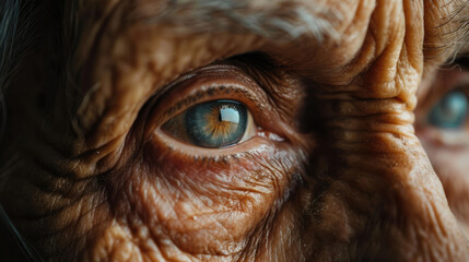 close-up view of an elderly man, pensioner, senior person, gaze into the camera, wrinkled face, blue eyes, the concept of wisdom and longevity