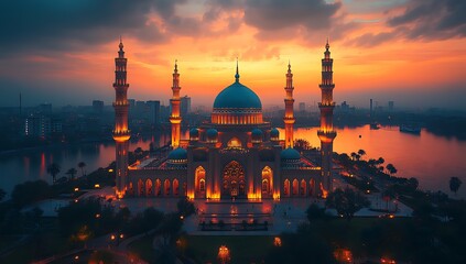 Obraz premium Aerial view of majestic mosque at sunset with illuminated domes and minarets reflecting in calm waters