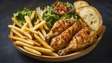 Delicious Grilled Chicken Legs with French Fries, Salad, and Bread