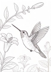 A hummingbird hovering near a flower, only outline for coloring, drawn as an outline sketch, only black lines, no colors, simple and clean for a children's coloring book.
