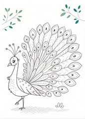 A peacock spreading its beautiful tail feathers, only outline for coloring, drawn as an outline sketch, only black lines, no colors, simple and clean for a children's coloring book.