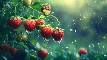 Fresh strawberries array in rainfall displaying bright red berries and green caps detail. Translucent Caps. Illustration