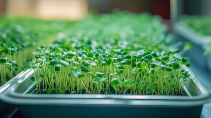 Urban microgreen farm with baby leaves sprouting in plastic trays under a phytolamp. Germination of seeds on hemp biodegradable mats, showcasing an eco-friendly small business. Ideal for sustainable u