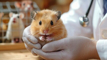 A cute golden hamster is being held by a veterinarian wearing gloves and a white coat.