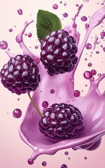 Flying mulberry with splashes, isolated on a light pink background