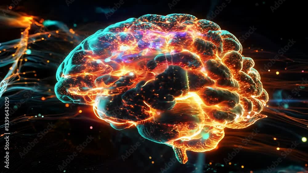 Poster brain with a lot of colors and dots surrounding it. the brain is surrounded by a lot of wires and do