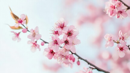 Naklejka premium A pink flower on a branch against a light blue background