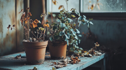 Withered ornamental plants due to neglect, showing signs of improper care—drooping leaves, dry soil, and faded colors—illustrating the impact of insufficient watering, poor lighting,