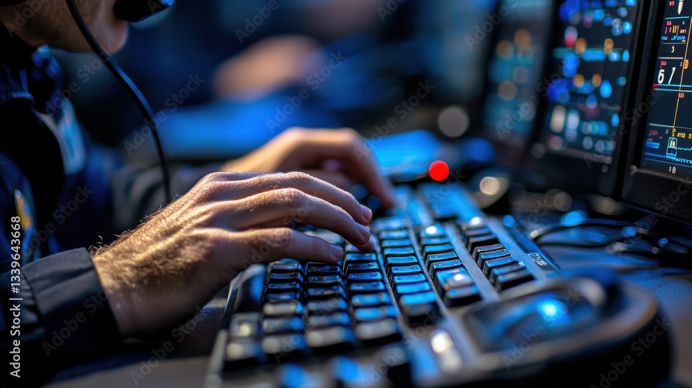 Aufkleber a person is actively typing on a keyboard surrounded by monitors in a dimly lit environment.