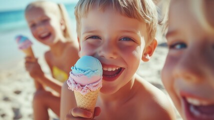 Close-up of happy kids enjoying colorful ice cream on a sunny beach at bright and cheerful summer day