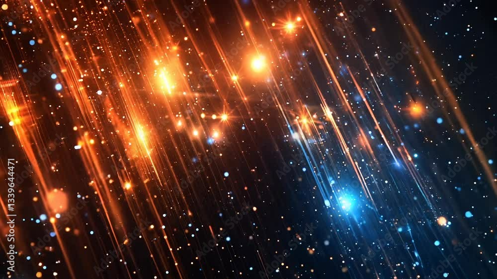 Poster bright orange and blue background with many small dots. the dots are of different sizes and colors, 