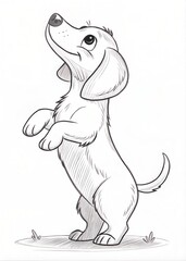 Fototapeta premium A tiny dog standing on its hind legs, only outline for coloring, drawn as an outline sketch, only black lines, no colors, simple and clean for a children's coloring book.