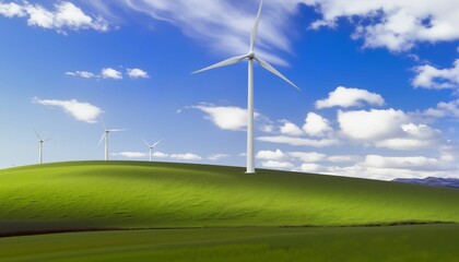 Fototapeta premium Wind turbines spinning on green hills under a blue sky 
