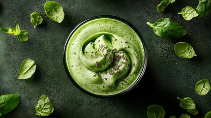 Obraz premium A close-up of a bowl of food on a table with spinach leaves next to it