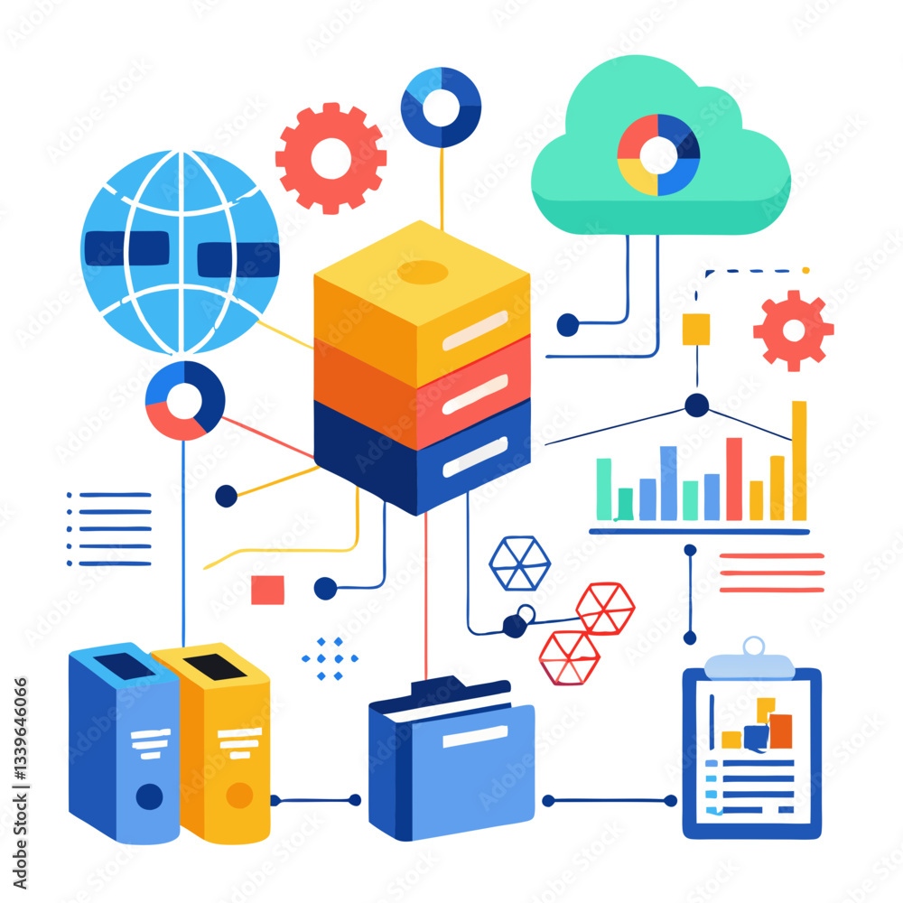 Poster colorful graphics illustrate the evolution of raw data into actionable business solutions, showcasin