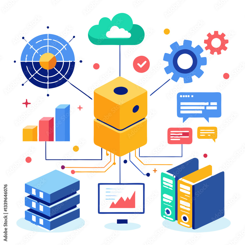 Poster various elements are depicted showcasing raw data transforming into business solutions. visualizatio