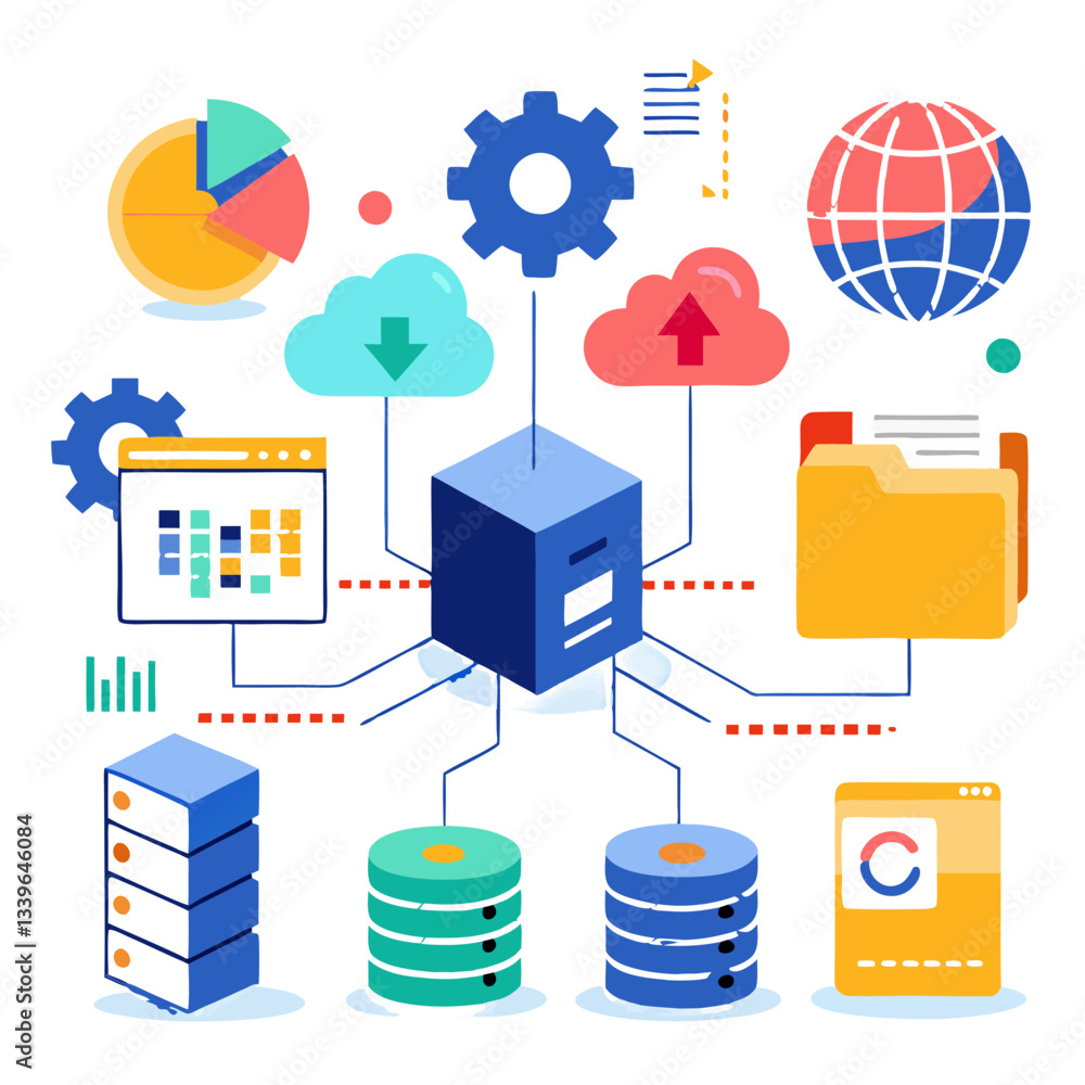 Poster various elements represent the journey of raw data evolving into actionable business solutions, show