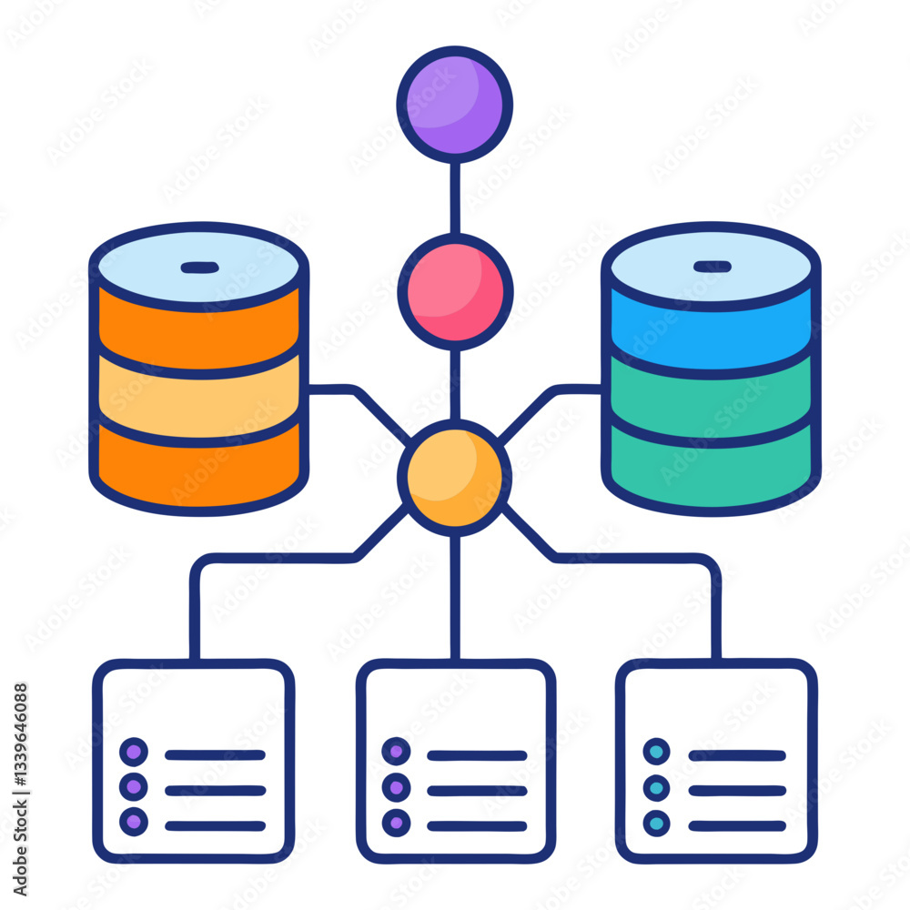 Poster diagrams depict interconnected databases linked to decision trees, showcasing the process of data an