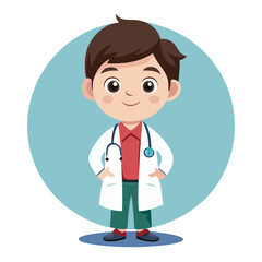 Fototapeta premium A cheerful young boy dressed as a doctor stands confidently with his hands in pockets. He wears a white coat and a stethoscope, exuding warmth and approachability at a clinic setting