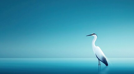   A majestic white heron wading in a tranquil lake, surrounded by azure skies