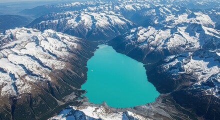 Fototapeta premium Aerial View of Turquoise Lake Surrounded by Snow-capped Mountains in Winter