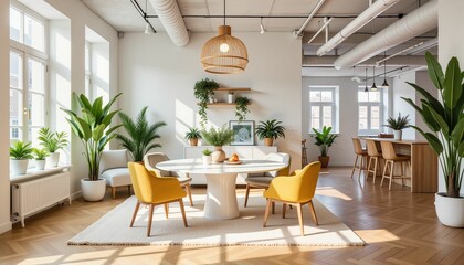 Fototapeta premium Modern dining room with bright decor and greenery 