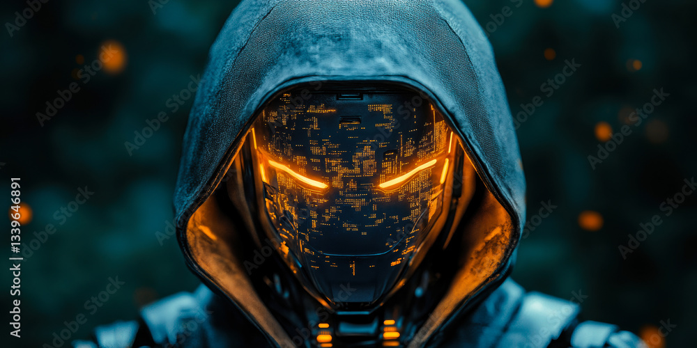 Aufkleber hooded robotic figure with glowing digital face in cybernetic environment representing futuristic di