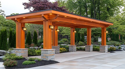 Wooden pergola with stone pillars and lighting in a garden setting.