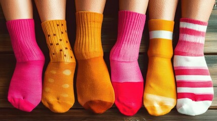 A cheerful display of vibrant socks in various colors and patterns, highlighting playful fashion choices and the joy of expressing individual style through accessories.
